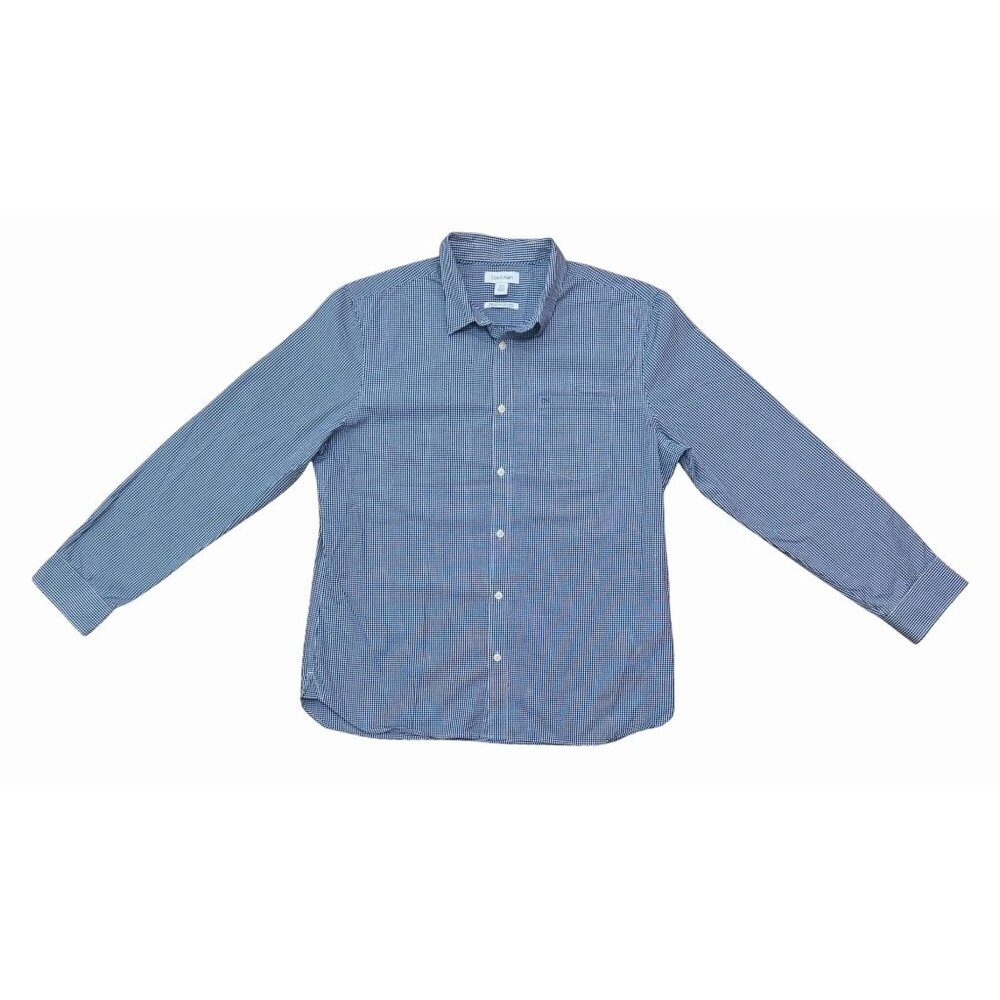 Calvin Klein Womens XL Blue & White Gingham Long-Sleeve Button-Down Cotton Shirt